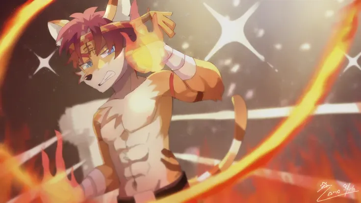 anime character with a cat head and tail in a ring of fire, fire!! whole body, 炽烈的地狱fire, fire behind him, Buizel and human integration, full resolution, SFW version, Badass Pose, commission for high resolution, firey, has fire powers, fire type, high reso...