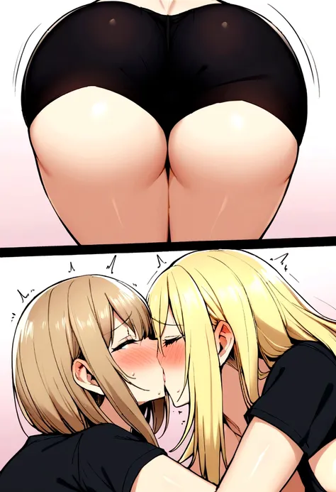 A beautiful blonde girl kissing with another woman, both women are wearing tight black shorts, blushing, moaning, and have big butts