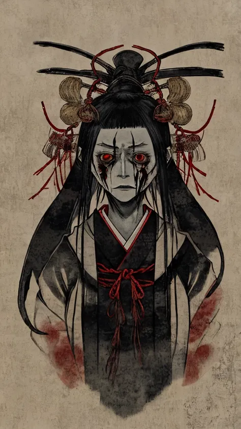 A ghostly depiction of Oiwa, a betrayed woman turned vengeful spirit from Yotsuya Kaidan. She has a distorted, haunting face and wears traditional Japanese attire. The background is a dark, eerie setting with a hint of supernatural elements, evoking a sens...