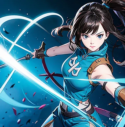 an animated character is in the background of a video game screener and an image of a girl in an with a sword on her shoulder and her breasts spread out