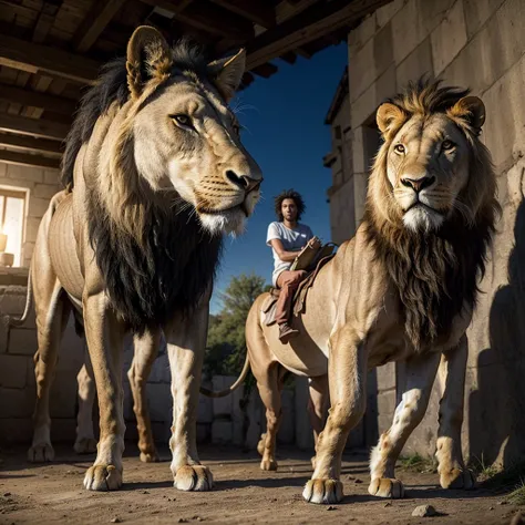 Create an image of a lion and a donkey and a prophet&#39;s body lying in the desert 