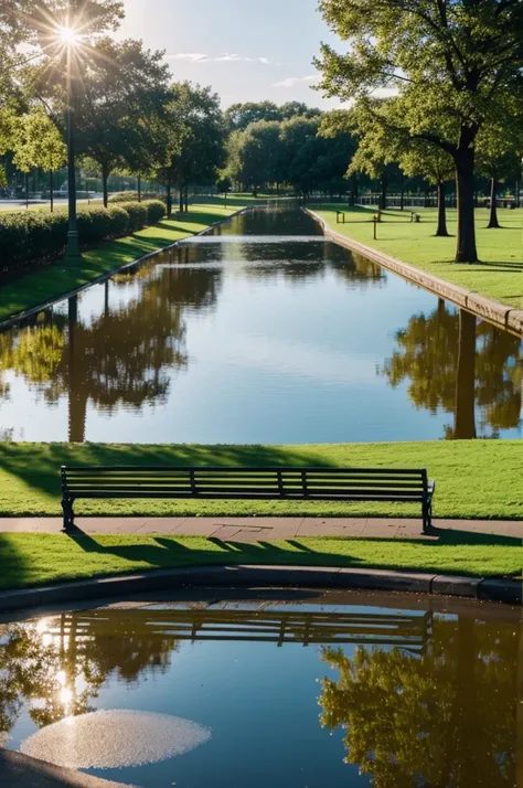 Empty park bench in the sunshine while it rains and the water reflects in the surroundings 