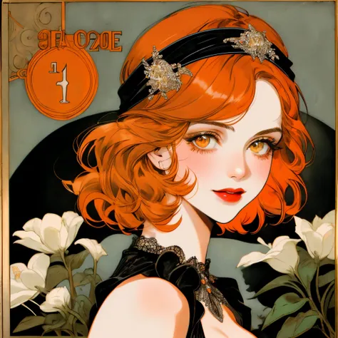 masterpiece, collage of short orange haired woman, hazel eyes, facing side slightly, show cleavage a little, wearing black dress and black flapper headband, German, 1920s, 1920s outfit, a singer, in a cruise, flower, realistic size of facial features