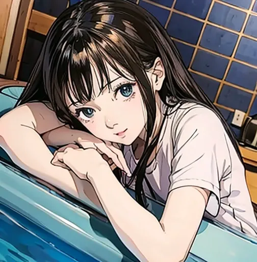 anime anime, young girl laying in the bathtub with her hand on her chest