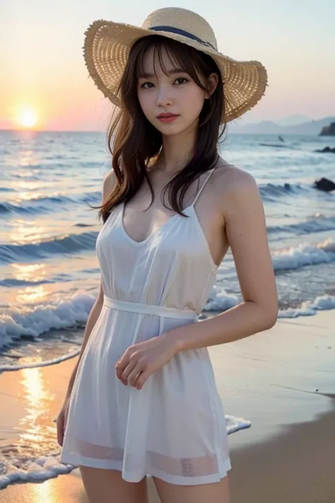 cute female idol, (21 years old:1.2), (8k, raw photo realistic:1.2), lovely idol, awesome smile, hair is light brown messy, thin legs, Posing for photos
BREAK
Wearing a white dress and sun hat, (very bright backlighting), (bathing in the sunset on the beac...