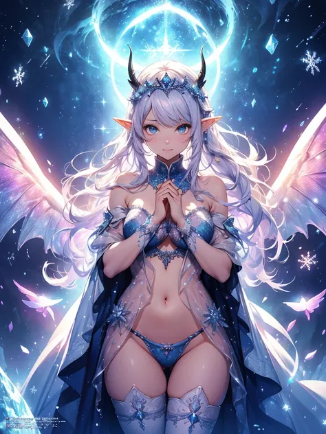 最high quality、Many snowflakes cover the background、最high quality、1 woman elf、Succubus、Stand against a wall(( cowboy shot ))((underwear))((see-through underwear))、Lots of giant snowflakes、Beautiful eyes、tears、Raise your arms behind your head、Beautiful decor...