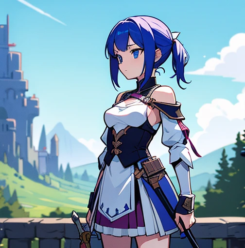 an animated character is in the background of a video game screener and an image of a girl in an with a sword on her shoulder and her breasts spread out