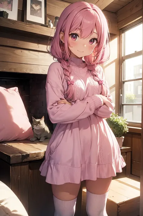 "A cute anime girl with medium length, pink hair, which are tied in two loose braids. It has large, shining eyes and a happy smile. She wears a fluffy, pastel-colored sweater dress with a heart pattern and cute over-the-knee socks. In her hands she holds a...