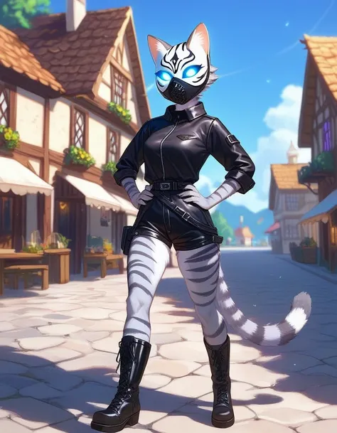 Solo, score_9,score_8_up,score_7_up, source_cartoon, kat, Anthro furry feline, female, hourglass figure, silver fur, grey stripes, furry body, wearing executioners mask, black executioners mask covering whole head, white glowing eyes, hands on hips, walkin...