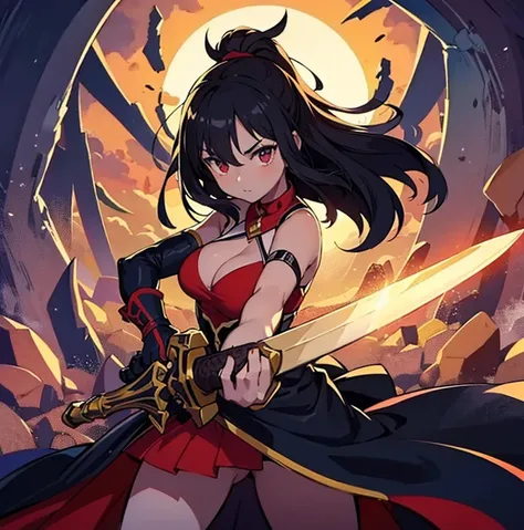 an animated character is in the background of a video game screener and an image of a girl in an with a sword on her shoulder and her breasts spread out