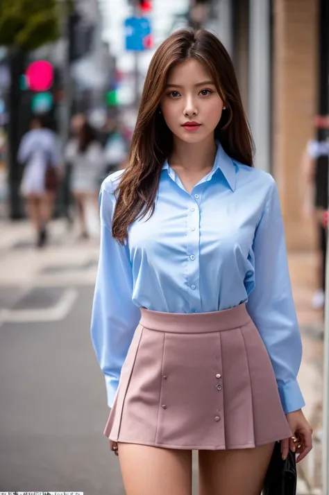 a 17 year old girl, she is the most beautiful actress in the world, the perfect body proportions of this girl, the formal shirt is worn on her upper body, her crotch area of the panties are hardly hidden by the short skirt, her bare legs, its just the fron...