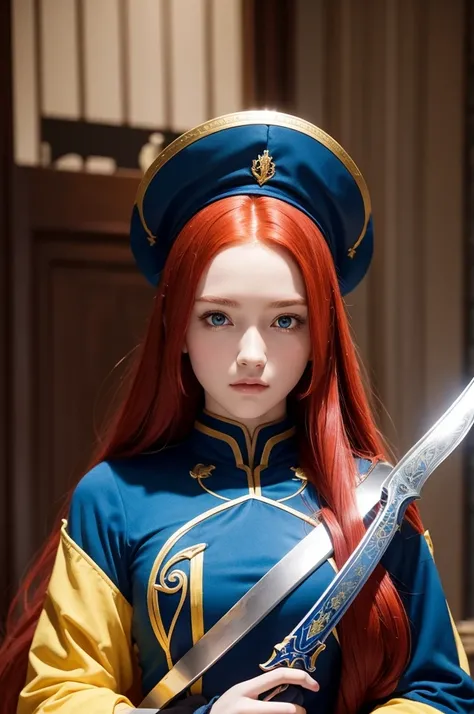 A woman who has long red hair, she is holding a sword, She is dressed in blue with a yellow part. She is very beautiful and is 16 years old