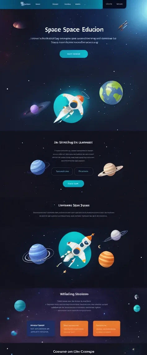 A futuristic and sleek website interface for space education courses. Dark background resembling deep space, with subtle twinkling stars. Dominant colors are deep blue, black, and accents of bright teal and warm orange. The main area features a 3D interact...