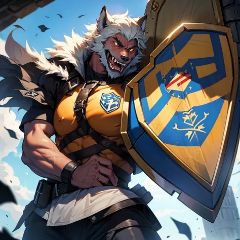 Strong werewolf in front of a battle shield, underneath the shield written " SPR FUTEBOL CLUB "