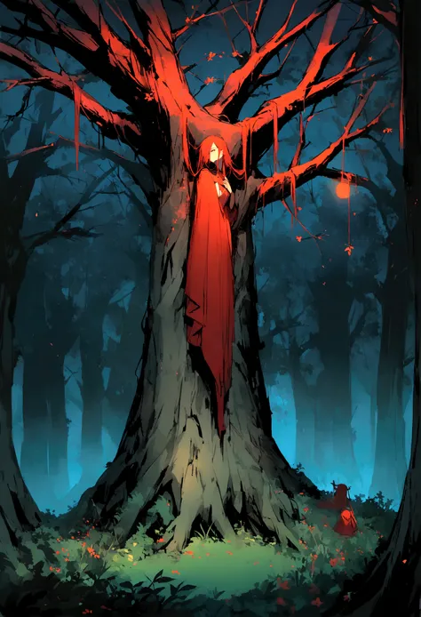 paisaje, dense forest, night-time, bodies hanging from branches wearing red dresses 