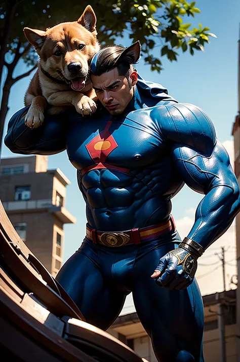 superhero,colombian superhero,dog,saving dog,dog in tree,heroic pose,muscular build,chiseled features,determined expression,cinematic lighting,dramatic shadows,vibrant colors,comic book style,dynamic composition,highly detailed,photorealistic,8k,best quali...