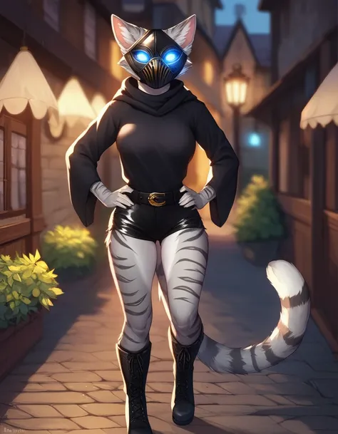 Solo, score_9,score_8_up,score_7_up, source_cartoon, kat, Anthro furry feline, female, hourglass figure, silver fur, grey stripes, furry body, wearing executioners mask, black executioners mask covering whole head, white glowing eyes, hands on hips, walkin...