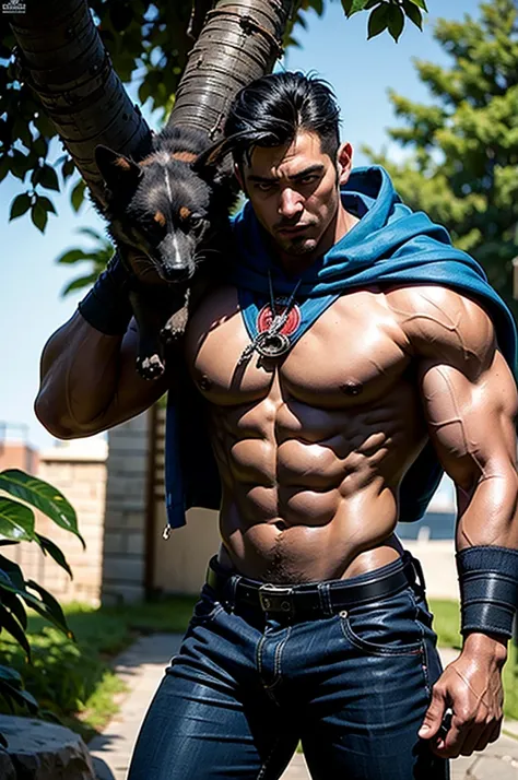 superhero,colombian superhero,dog,saving dog,dog in tree,heroic pose,muscular build,chiseled features,determined expression,cinematic lighting,dramatic shadows,vibrant colors,comic book style,dynamic composition,highly detailed,photorealistic,8k,best quali...