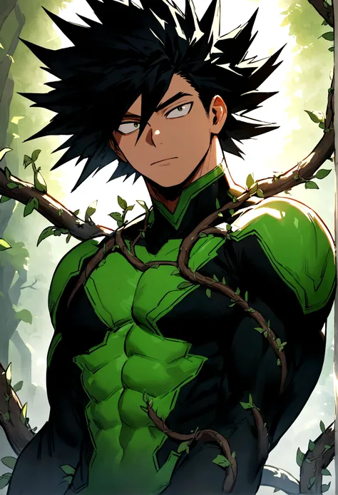 Male character from my hero academia with long black hair with a green streak and branches or vines on his body