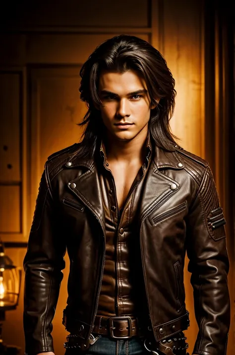 a young man in his 20s, with a leather jacket looking at the camera with a serious look on his face and shoulder, in a dimly lit room, portrait, medium mullet hair, steampunk cowboy styled