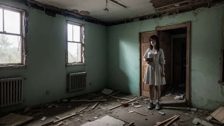 create an image of a female spirit in an abandoned house