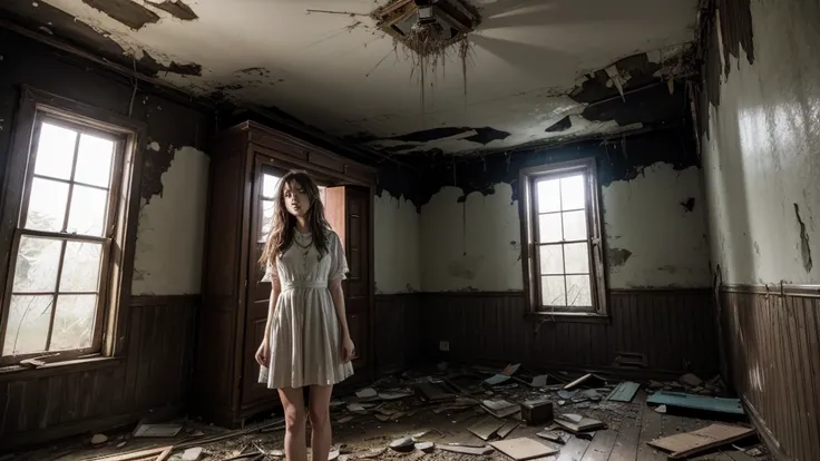 create an image of a female spirit in an abandoned house