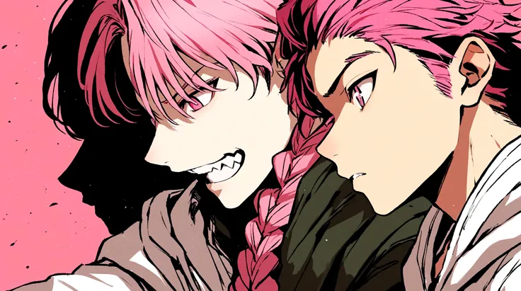 Beautiful youth,One boy,16 years old,Jagged teeth,Pink Hair,The right sideburn is braided,Cat-like narrow pupils,Pink Eyes,Wearing a hoodie.