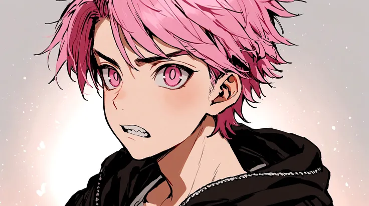 Beautiful youth,One boy,16 years old,Jagged teeth,Pink Hair,The right sideburn is braided,Cat-like narrow pupils,Pink Eyes,Wearing a hoodie.