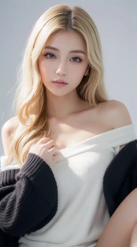 (((((White BlondeのLong Hair、Long Hair、超Long Hair、Off-the-shoulder blouse、Fluffy Wave、White Blonde、Gal、beauty、Well-groomed face、Nordic、beautiful girl、White background、half、Japanese Idols))))), Highest quality, shape, Very detailed, finely, High resolution, ...