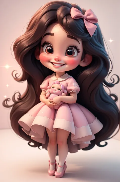 3d illustration, pixar style, cute chibi, baby girl adriana lima, black hair, long hair, red bow in hair, dress red with black w...