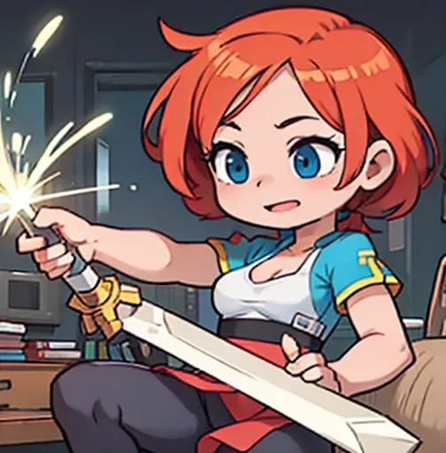 an animated character is in the background of a video game screener and an image of a girl in an with a sword on her shoulder and her breasts spread out