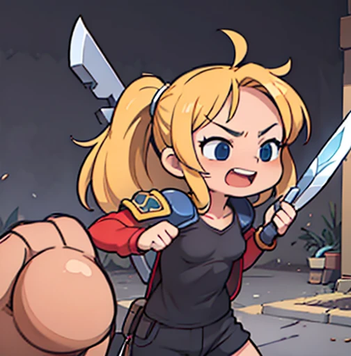 an animated character is in the background of a video game screener and an image of a girl in an with a sword on her shoulder and her breasts spread out