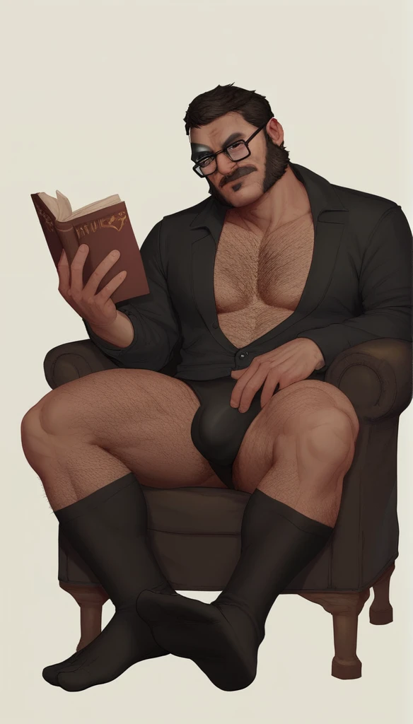 score_9, score_8_up, score_7_up, solo, male focus, mature male,  mkkan0, cybernetic eye, mutton chops, h4rness,  charming, full body shot, fully naked only wearing detailed darkest black black suit socks(socks1.4), high quality sock texture, mascular legs,...