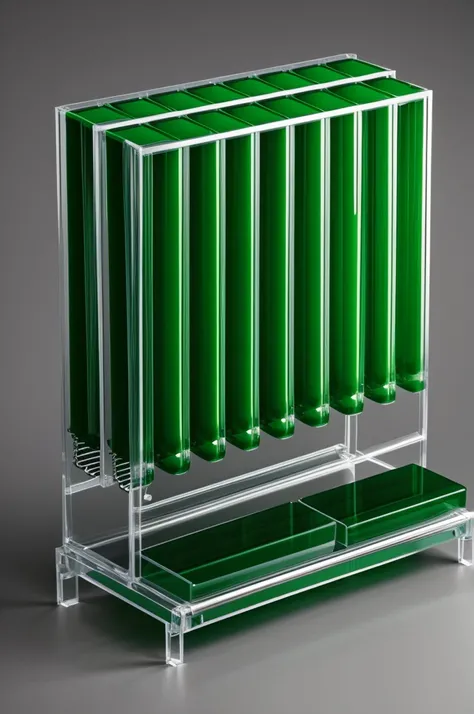 A transparent box, with tubes arranged like an internal radiator, with green liquid