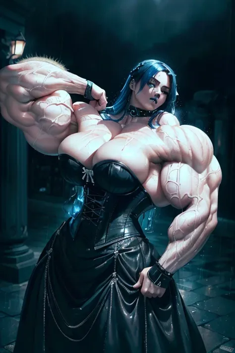 (((((Massive, beautiful, buff, wet, pale white skinned muscular woman with royal blue hair, black lipstick, ginormous bulky muscles and wearing a gothic corset with a beautiful long gothic skirt))))), (close view), massive muscles, hyper muscles, long curl...