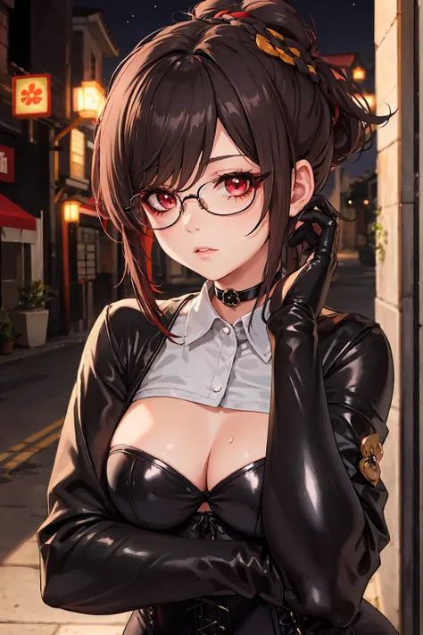 1 girl, Chiori (genshin impact), Alone, choker:1.6, White long sleeve shirt with long sleeve collar, black leather corset, black gloves that cover your hands, shiny black leggings, glasses, looking at the viewer,, inside, depth of field, expressionless, al...