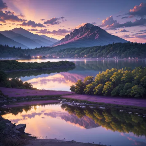 A beautiful purple sky, dramatic sunset, glowing clouds, detailed landscape, rolling hills, lush greenery, serene lake, reflection, dramatic lighting, painterly style, vibrant colors, photorealistic, 8k, high quality, masterpiece