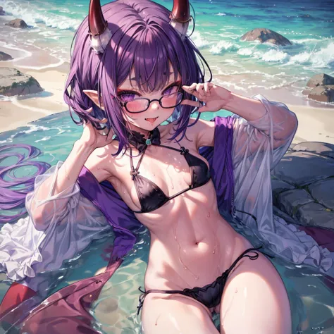 ((Highest quality)), ((masterpiece)), ((detailed)), (4K), nsfw, 1girl, 独奏, purple hair, frilled bikini, white bikini, glasses, 2devil ears, long tongue, small breasts, spread legs, (looking down), (from above), looking at viewer, wet, sweat, blush, grin, a...