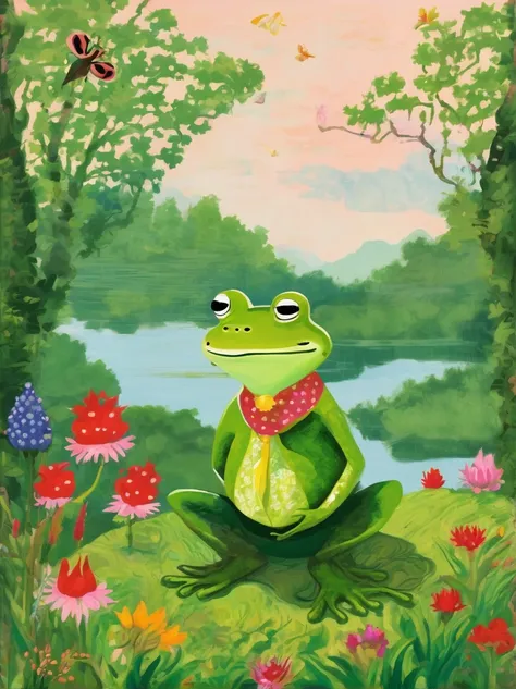 Frog Prince,cartoon creature in style of Grandma Moses