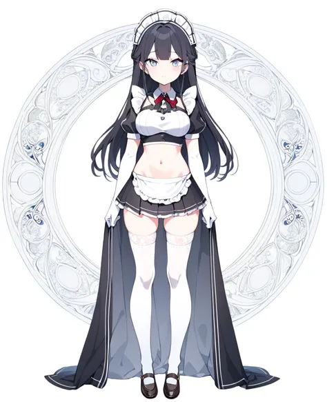 (1girl), (full body:1.25), (white background:1.3), ((standing)), solo, looking at viewer, tachi-e, (maid), cropped top, (own hands clasped), navel, midriff, headdress, white apron, white frill, white gloves, (elbow gloves), opera gloves, white knee socks, ...