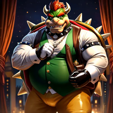 Solo, Male, fat, extremely obese, gentleman, dapper Professor Bowser, blue eyes, (posing:1.3), (soft shading), 4k, hi res, ((detailed face, detailed)), looking at viewer, evil grin, steampunk, collared shirt with buttons, top hat, male focus, Explorer Outf...