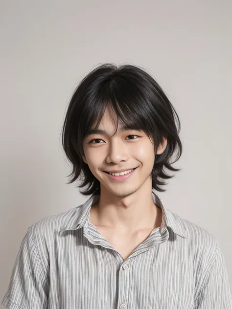 (((Masterpiece))), (high quality), one Japanese boy, 18 years old,(tall and thin,sleepy droopy eyes, long face,thin cheeks:1.5),(black shaggy short hair,blank expression,smile:1.5),(Plain background:1.5),