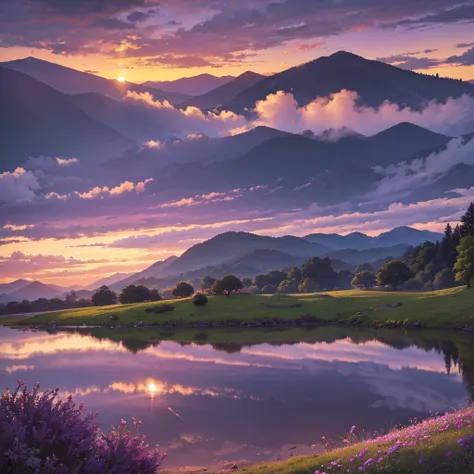 A beautiful purple sky, dramatic sunset, glowing clouds, detailed landscape, rolling hills, lush greenery, serene lake, reflection, dramatic lighting, painterly style, vibrant colors, photorealistic, 8k, high quality, masterpiece