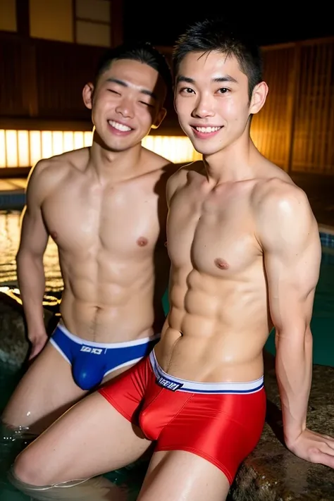 two japanese men、Both are shaved heads、Significantly enlarged and robust muscles、Sitting upright、The whole body is visible、Soaking in the hot spring at night、While showing off some very revealing and brightly colored boxer briefs.、A bold yet still childish...