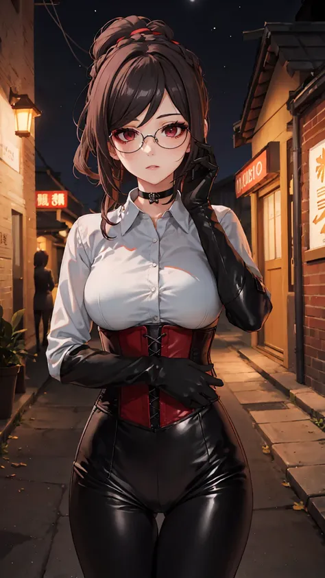 1 girl, Chiori (genshin impact), Alone, choker:1.6, White long sleeve shirt with long sleeve collar, black leather corset, black gloves that cover your hands, shiny black leggings, glasses, looking at the viewer,, inside, depth of field, expressionless, al...