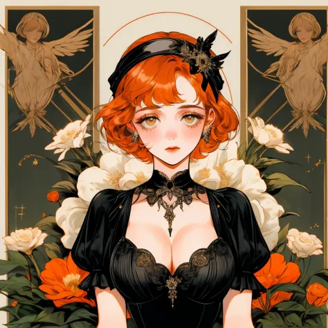 masterpiece, collage of short orange haired woman, hazel eyes, show cleavage a little, wearing black dress and black flapper headband, German, 1920s, 1920s outfit, a singer, in a cruise, flower, calm demeanor, various pose