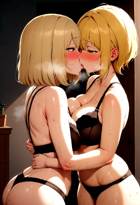 A beautiful blonde girl kissing with another woman, both women are wearing tight black panties, blushing, moaning, and have big butts, both are sweaty, both wearing bras, thick thighs, background: room, 👉💦🍑, both short hair