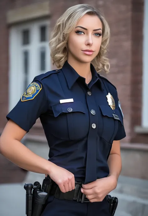 (masterpiece, best quality:1.2), 1girl, valarie cosetta in a police uniform holding a cell phone, wearing a police uniform, poli...