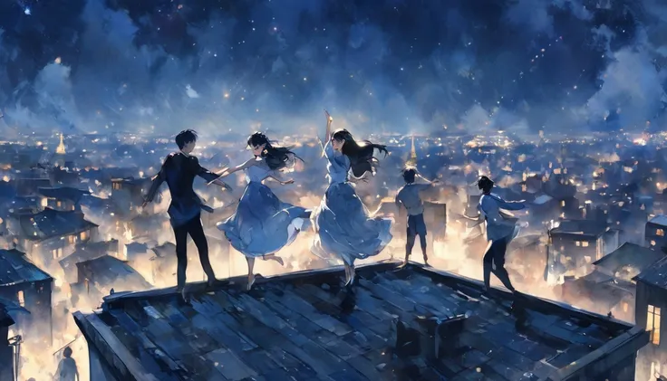 Men and women dancing on the roof of a building、Night view background