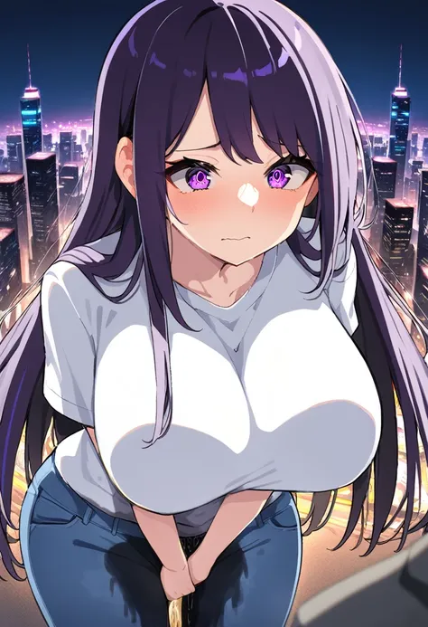 (masterpiece:1.37), best quality, (extremely detailed:1.37), (1girl:1.5), woman, (mature:1.5), (adult:1.5), large breasts, very long hair, (straight hair:1.5), (very dark purple hair:1.5), purple eyes, (extremely detailed eyes:1.37), hoodie, jeans, despera...